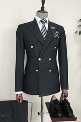 Black Striped Double Breasted Peaked Lapel Business Suit