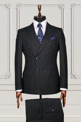 Black Striped Double Breasted Peaked Lapel Business Suit