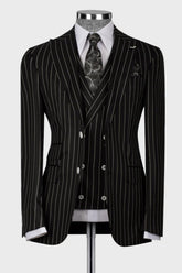 Black Striped Peaked Lapel 3 Piece Business Men's Suit