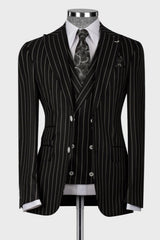 Black Striped Peaked Lapel 3 Piece Business Men's Suit