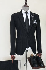 Black Striped Peaked Lapel Men's Business Suit