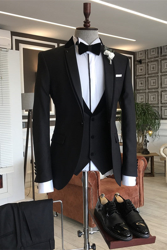 Black Three Piece Notched Lapel Business Suit