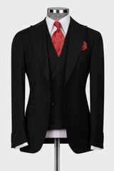 Black Three Piece Peaked Lapel Business Suit for Men