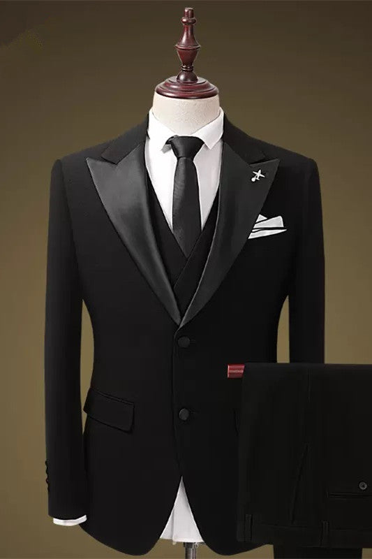 Black Three Piece Peaked Lapel Business Suit
