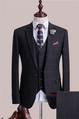 Black Three Piece Plaid Notched Lapel Business Suit