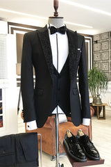 Black Three Piece Prom Suit with Jacquard Peaked Lapel