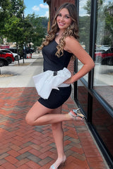 Black Tight Homecoming Dresses One Shoulder Short Cocktail Dresses With Bow