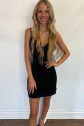Black Tight Homecoming Dresses Spaghetti Straps Short Cocktail Dresses With Bow