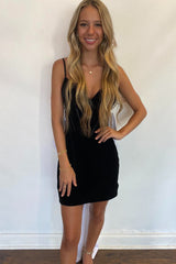 Black Tight Homecoming Dresses Spaghetti Straps Short Cocktail Dresses With Bow