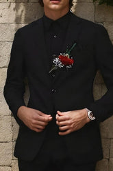 Black Two-Button Single-Breasted Notched Lapel Suit For Men's Wedding And Prom