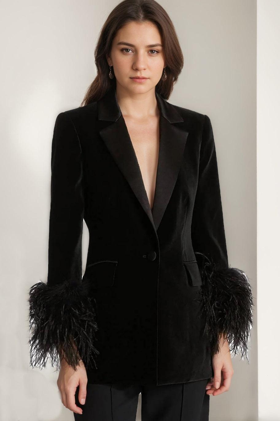Black Velvet Coat For Women Featuring A Feather-Trimmed Peak Lapel