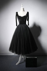 Black Velvet Cocktail Dress Tulle Lace Short Party Dress