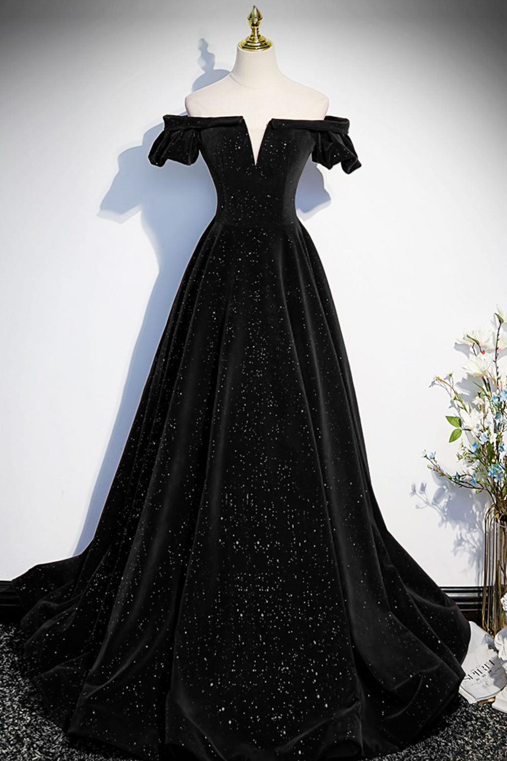 Black Velvet Formal Dress A Line Off the Shoulder Long Evening Dress