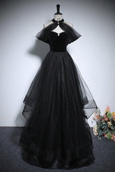 Black Velvet Formal Dress A Line Tulle Long Evening Dress
