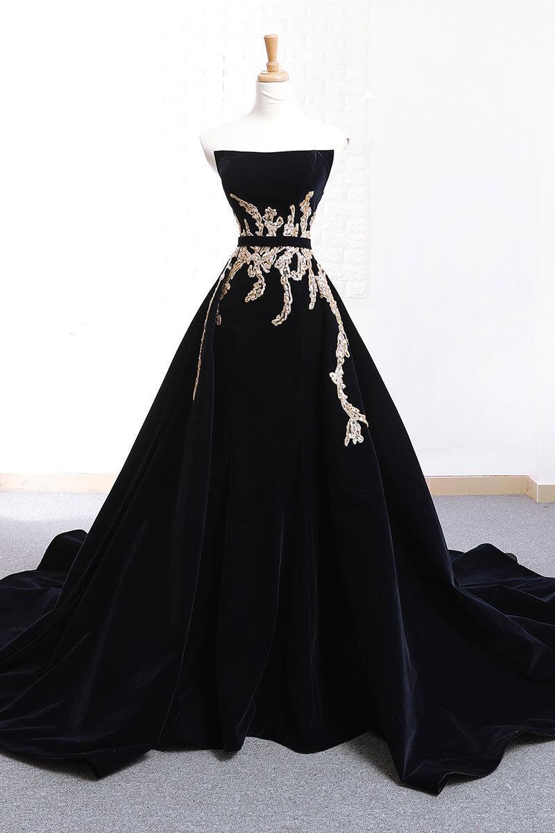 Black Velvet Formal Dress Lace Appliques Long Evening Dress