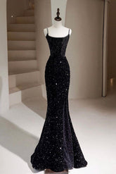Black Velvet Formal Dress Mermaid Sequin Long Evening Dress