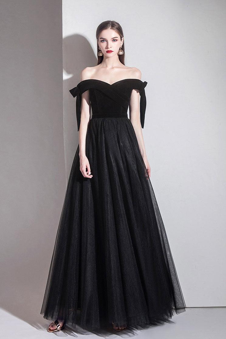 Dressystars Black Velvet Formal Dress Off the Shoulder Tulle Long Evening  Dress