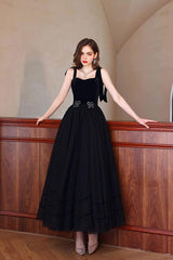 Black Velvet Formal Dress Sweetheart Neck Tulle Long Evening Dress