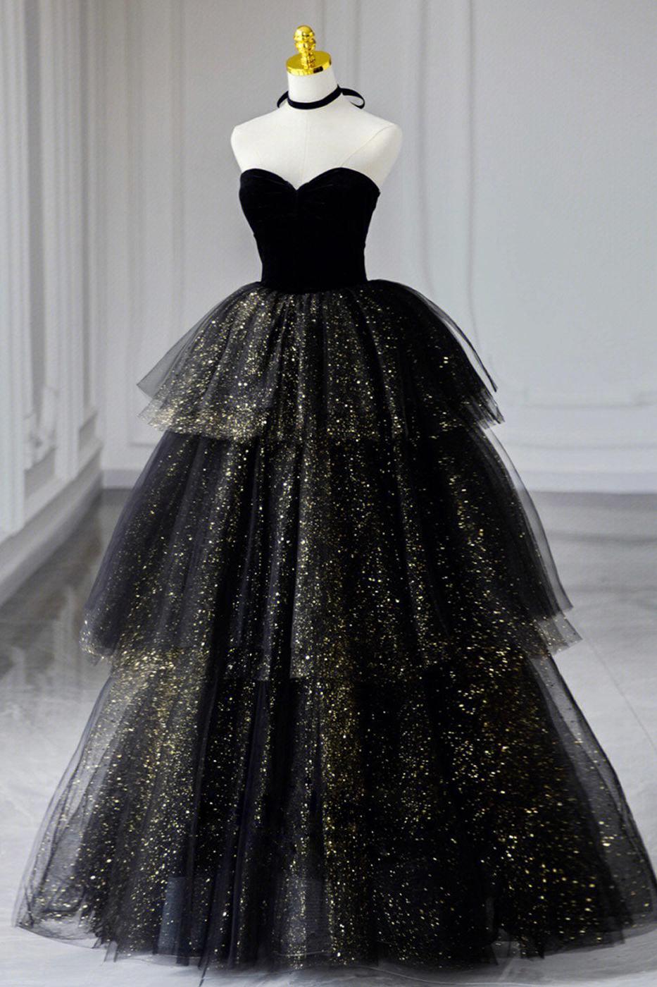 Black Velvet Formal Dress Sweetheart Neck Tulle Long Evening Dress