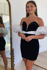 Black Velvet Party Dresses Detachable Sleeves Tight Short Cocktail Dresses