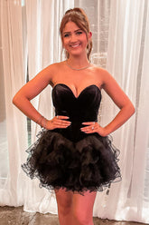 Black Velvet Party Dresses Sweetheart A Line Tiered Short Cocktail Dresses