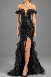 Black Wedding Guest Dress Mermaid Off The Shoulder Sequins Formal Dress With Ruffles