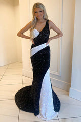 Black and Ivory Prom Dress Sequin One Shoulder Mermaid Long Evening Dress