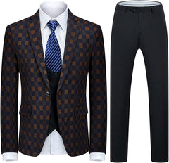 Black and Yellow Plaid Three Piece Business Suit for Men