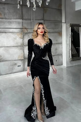 Dressystars Black Long Sleeve Velvet Christmas Party Dress Appliques Formal Dress with Slit