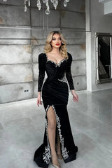 Dressystars Black Long Sleeve Velvet Christmas Party Dress Appliques Formal Dress with Slit