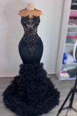 Black Mermaid Prom Dress Sleeveless Crew Neck Ruffled Formal Dress