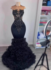 Black Mermaid Prom Dress Sleeveless Crew Neck Ruffled Formal Dress