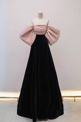 Black/Pink Velvet Formal Dress Long Black Evening Dress