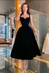 Black Velvet Dress A Line Tea Length Christmas Party Dress