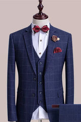 Blue 3 Piece Notched Lapel Plaid Business Suit