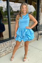 Blue A Line Homecoming Dresses Beaded Satin Short Cocktail Dresses