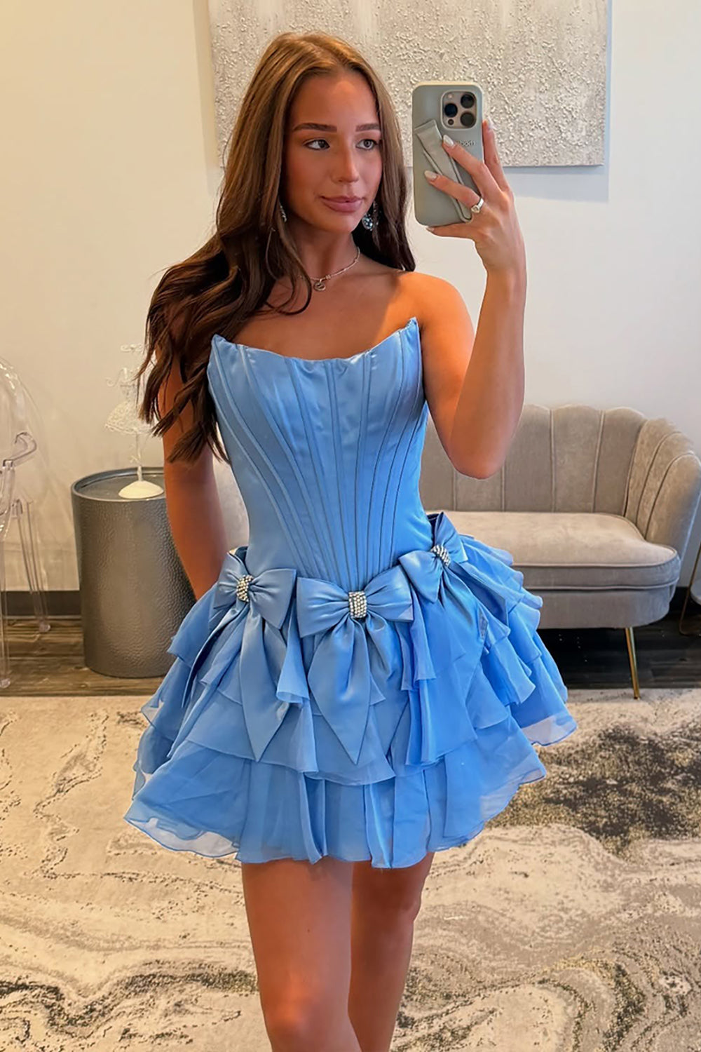 Blue A Line Homecoming Dresses Beaded Short Corset Cocktail Dresses With Bows