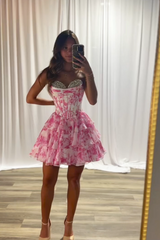 Blue A Line Homecoming Dresses Floral Corset Short Cocktail Dresses With Beading