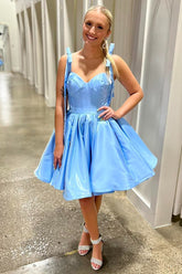Blue A Line Homecoming Dresses Satin Short Corset Cocktail Dresses With Bows