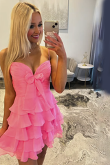 Blue A Line Homecoming Dresses Tiered Ruffled Short Cocktail Dresses With Bow