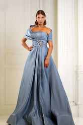 Blue A Line Prom Dress Cap Sleeve Asymmetric Neck Formal Dress With Beadings and Rhinestones