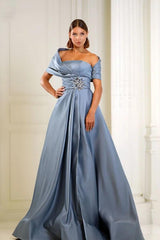 Blue A Line Prom Dress Cap Sleeve Asymmetric Neck Formal Dress With Beadings and Rhinestones