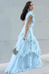 Blue A Line Prom Dress Cap Sleeve High Neck Ruffled Formal Dress