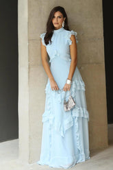 Blue A Line Prom Dress Cap Sleeve High Neck Ruffled Formal Dress