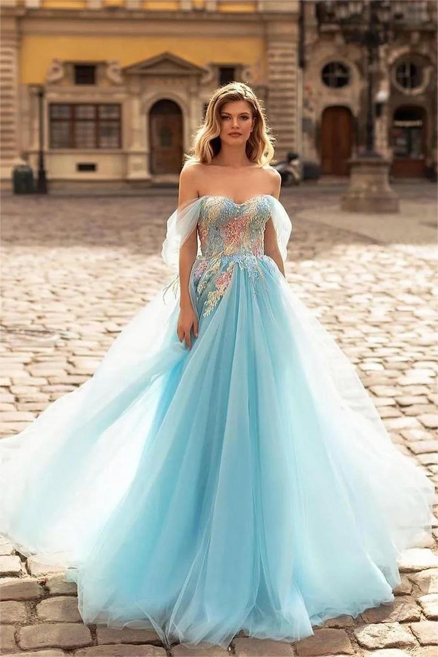 Blue A Line Prom Dress Cap Sleeve Off the Shoulder Formal Dress With Lace Appliques