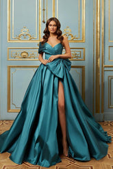 Blue A Line Prom Dress Cap Sleeve One Shoulder Satin Formal Dress