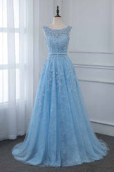 Blue A Line Prom Dress Sleeveless Crew Neck Formal Dress With Lace Appliques