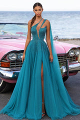 Blue A Line Prom Dress Sleeveless One Shoulder Formal Dress With Beadings and Rhinestones
