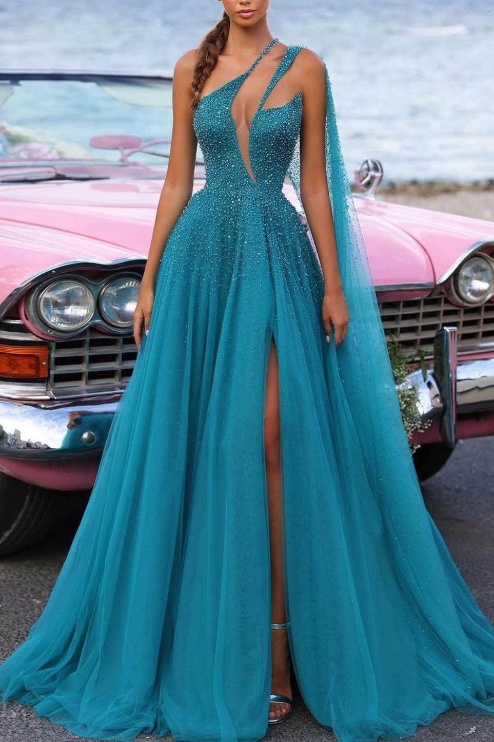 Blue A Line Prom Dress Sleeveless One Shoulder Formal Dress With Beadings and Rhinestones
