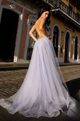 Blue A Line Prom Dress Sleeveless Spaghetti Straps Formal Dress With Lace Appliques